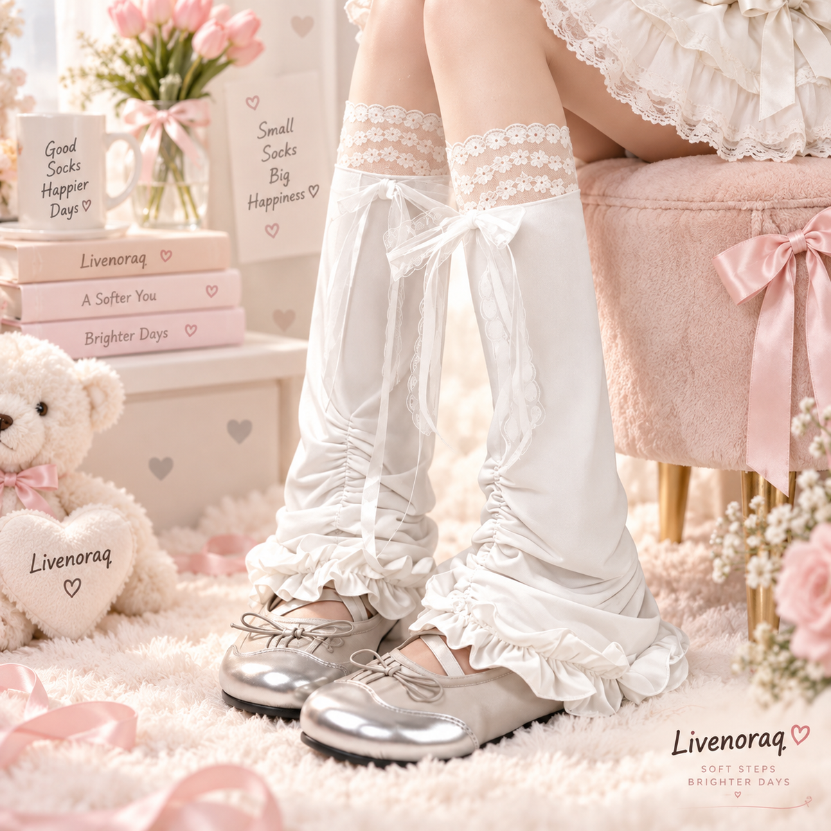 Livenoraq® Lace Ruffle Bow Knee-High Socks for Women