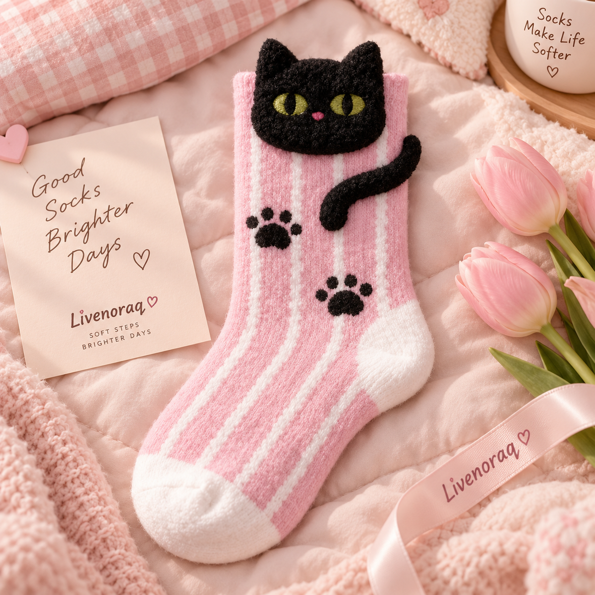 Livenoraq® Cute Black Cat Striped Cozy Crew Socks