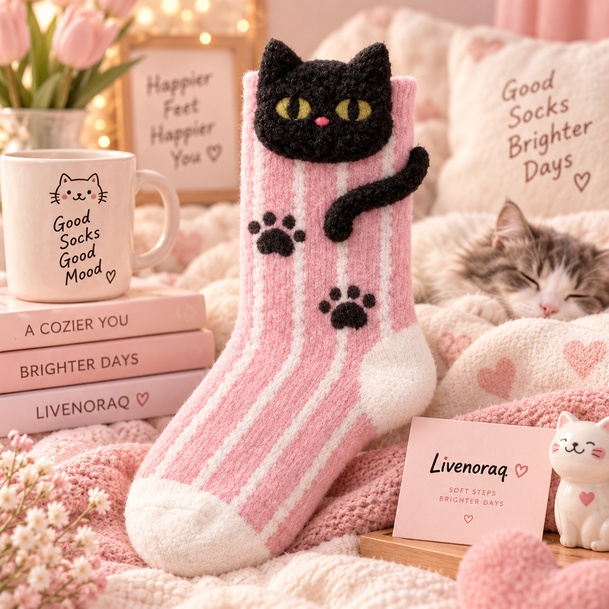 Livenoraq® Cute Black Cat Striped Cozy Crew Socks