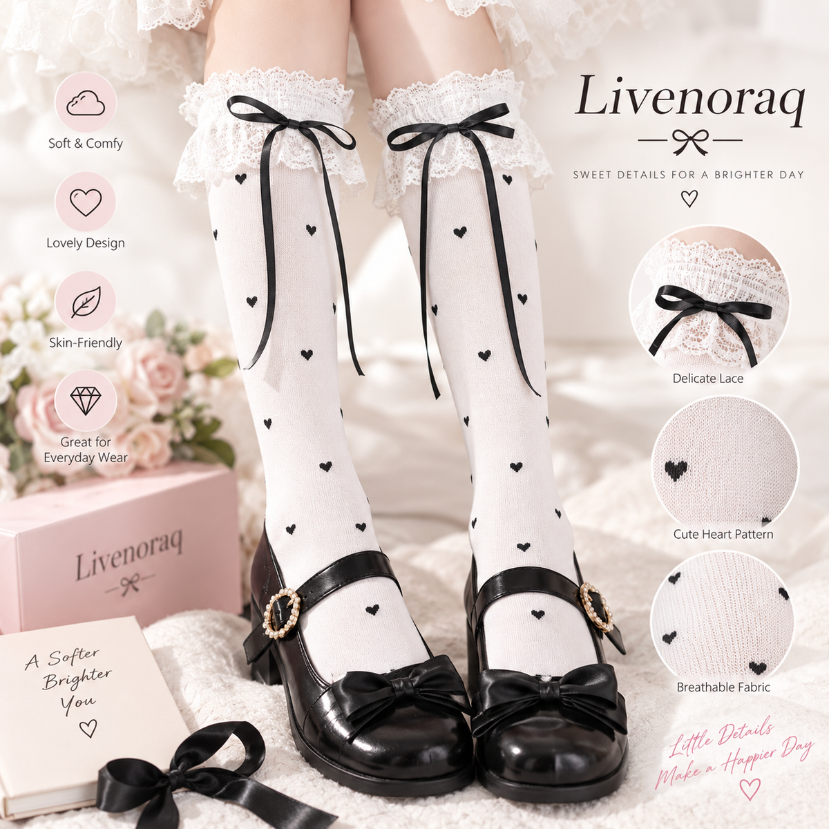 Livenoraq® Lace Bow Heart Knee-High Socks for Women