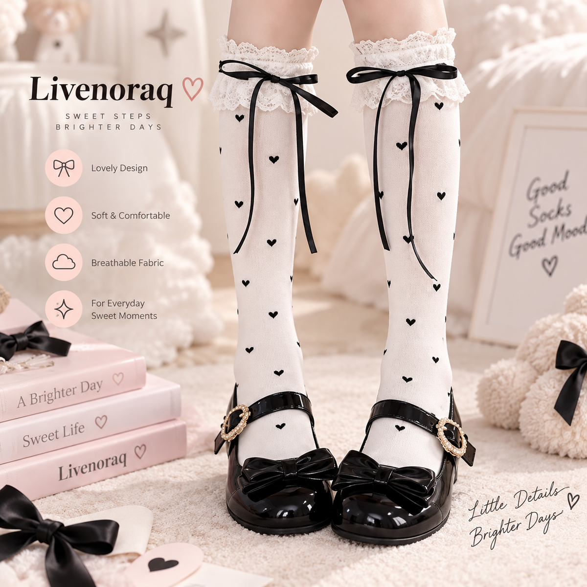 Livenoraq® Lace Bow Heart Knee-High Socks for Women