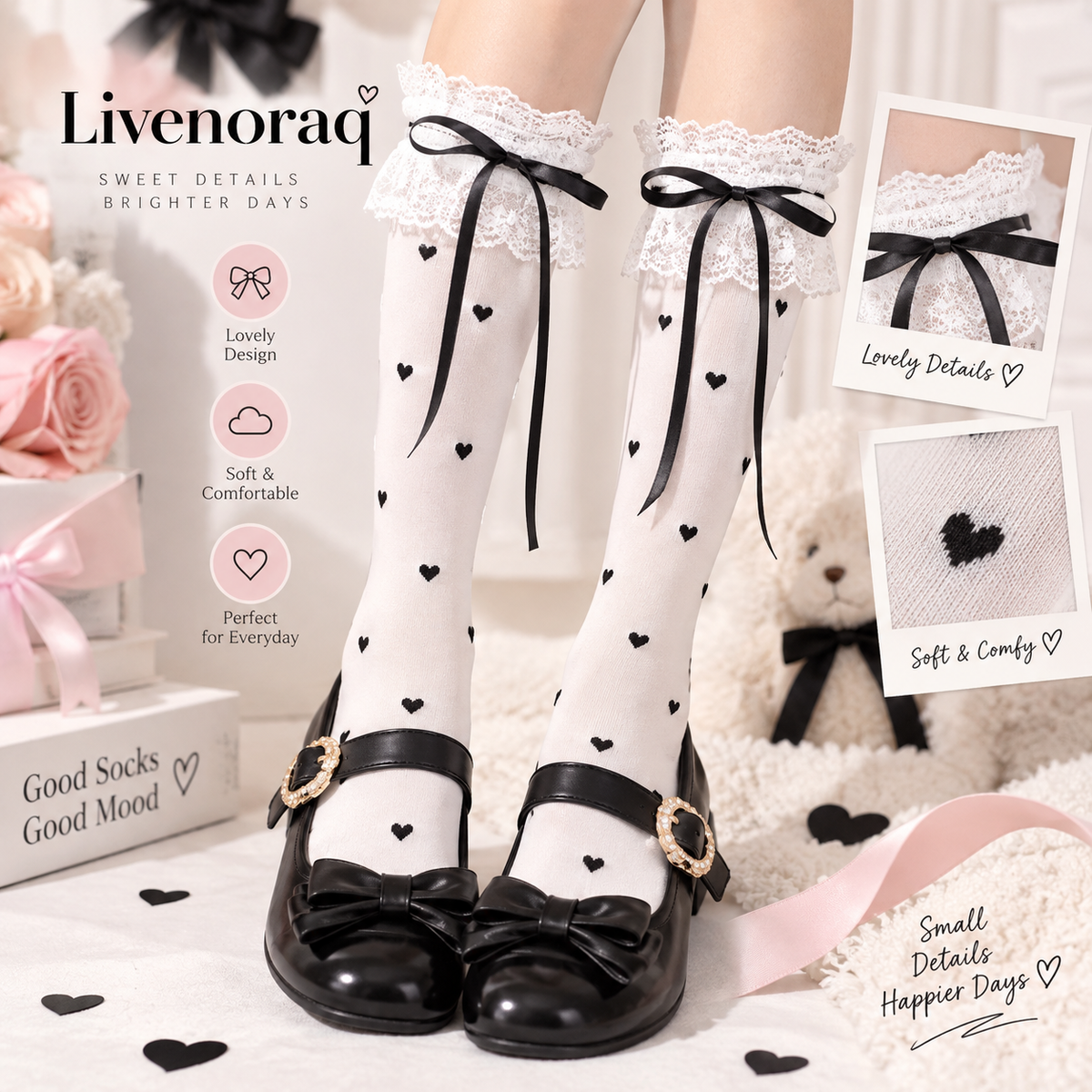 Livenoraq® Lace Bow Heart Knee-High Socks for Women