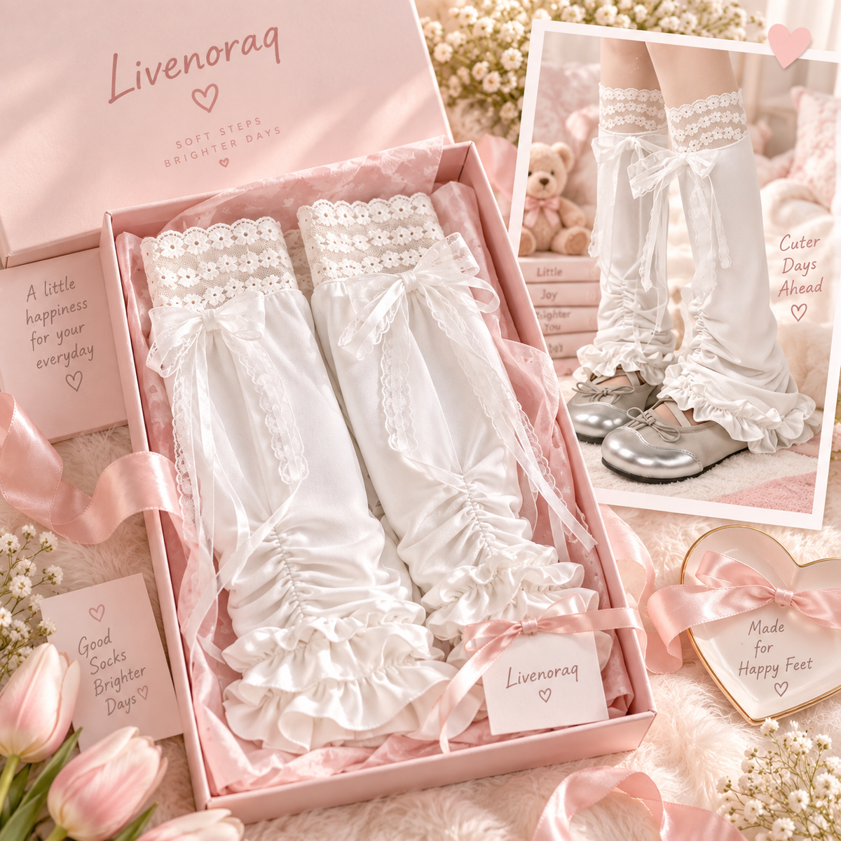 Livenoraq® Lace Ruffle Bow Knee-High Socks for Women