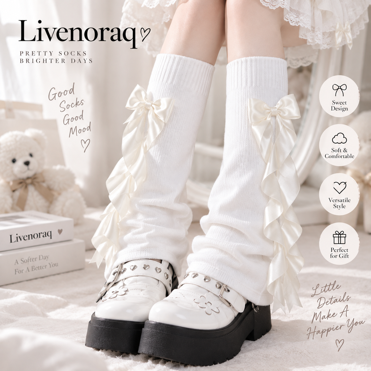 Livenoraq® Satin Bow Ruffle Knee-High Socks for Women