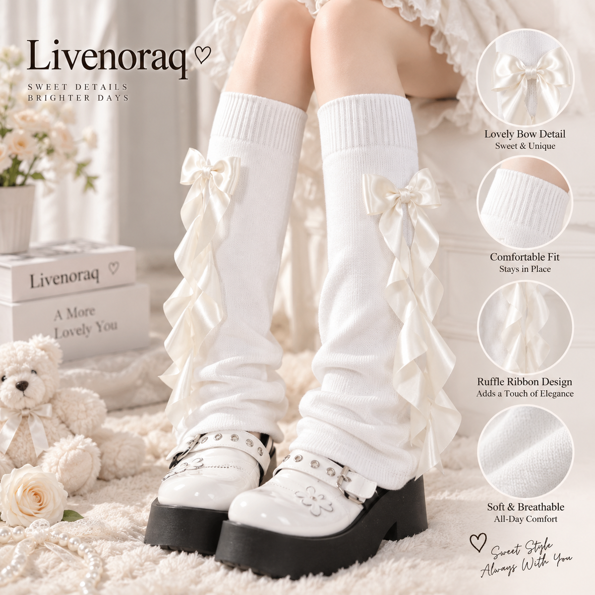 Livenoraq® Satin Bow Ruffle Knee-High Socks for Women