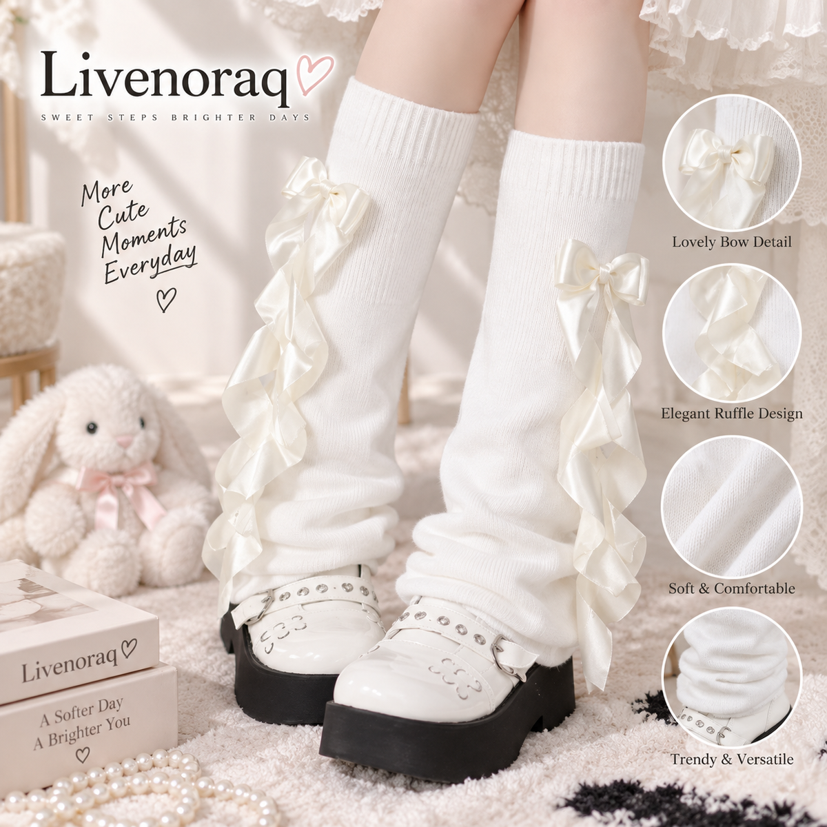 Livenoraq® Satin Bow Ruffle Knee-High Socks for Women