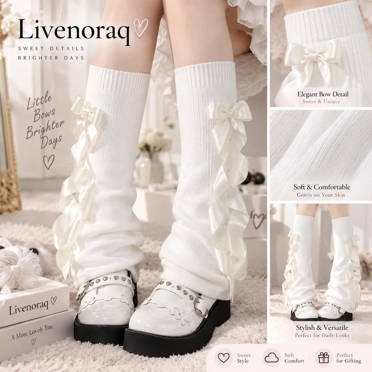 Livenoraq® Satin Bow Ruffle Knee-High Socks for Women