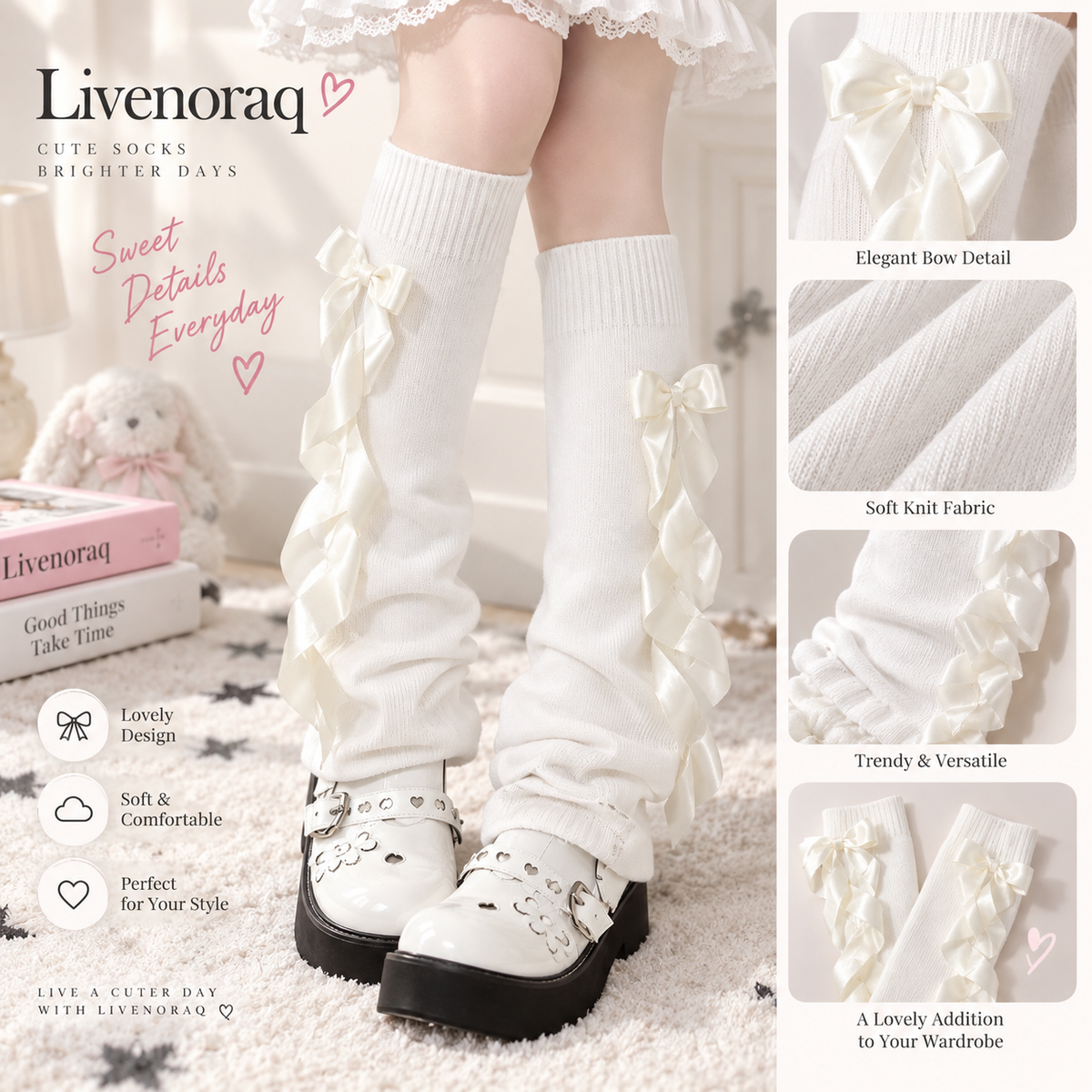 Livenoraq® Satin Bow Ruffle Knee-High Socks for Women