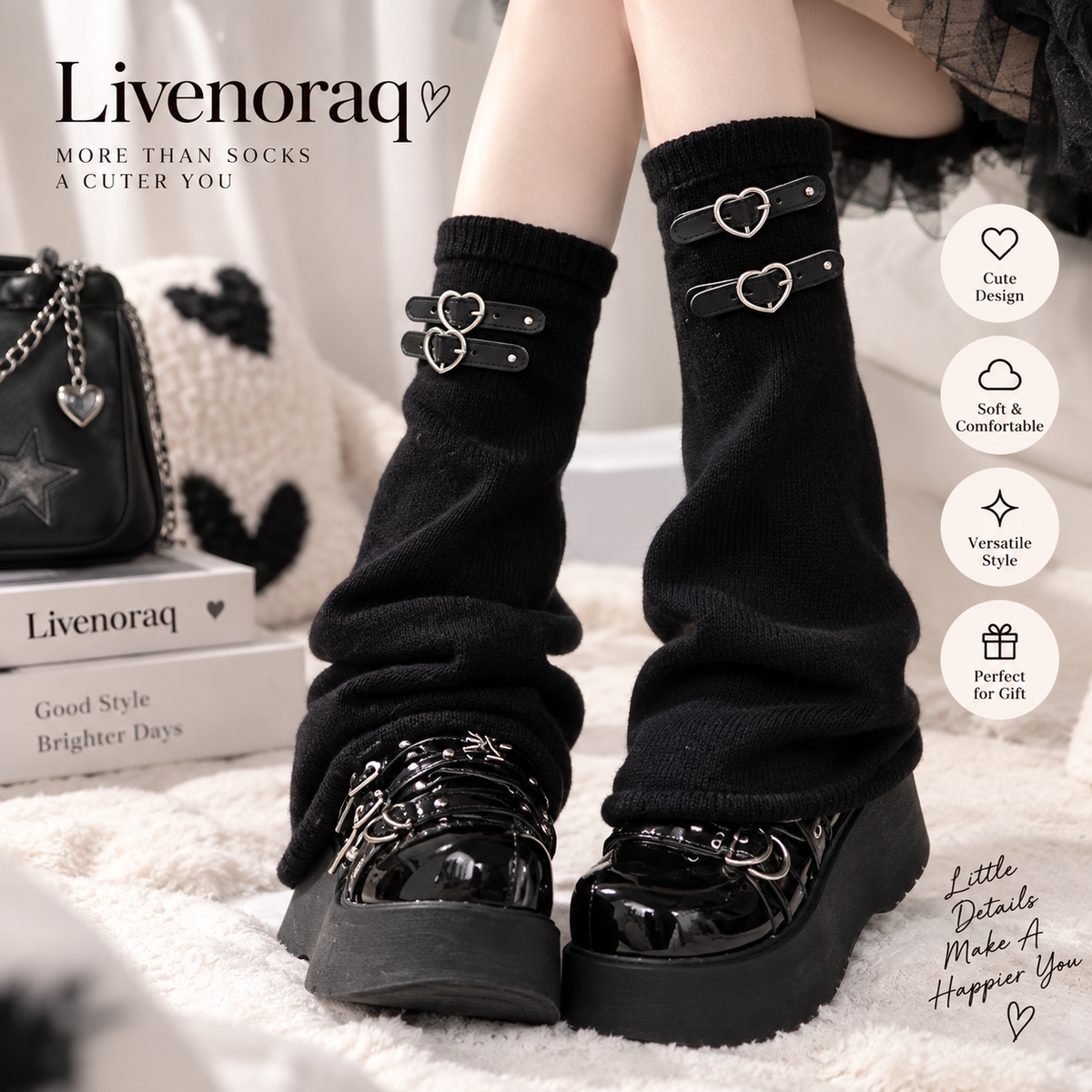 Livenoraq® Black Heart Buckle Knee-High Socks for Women