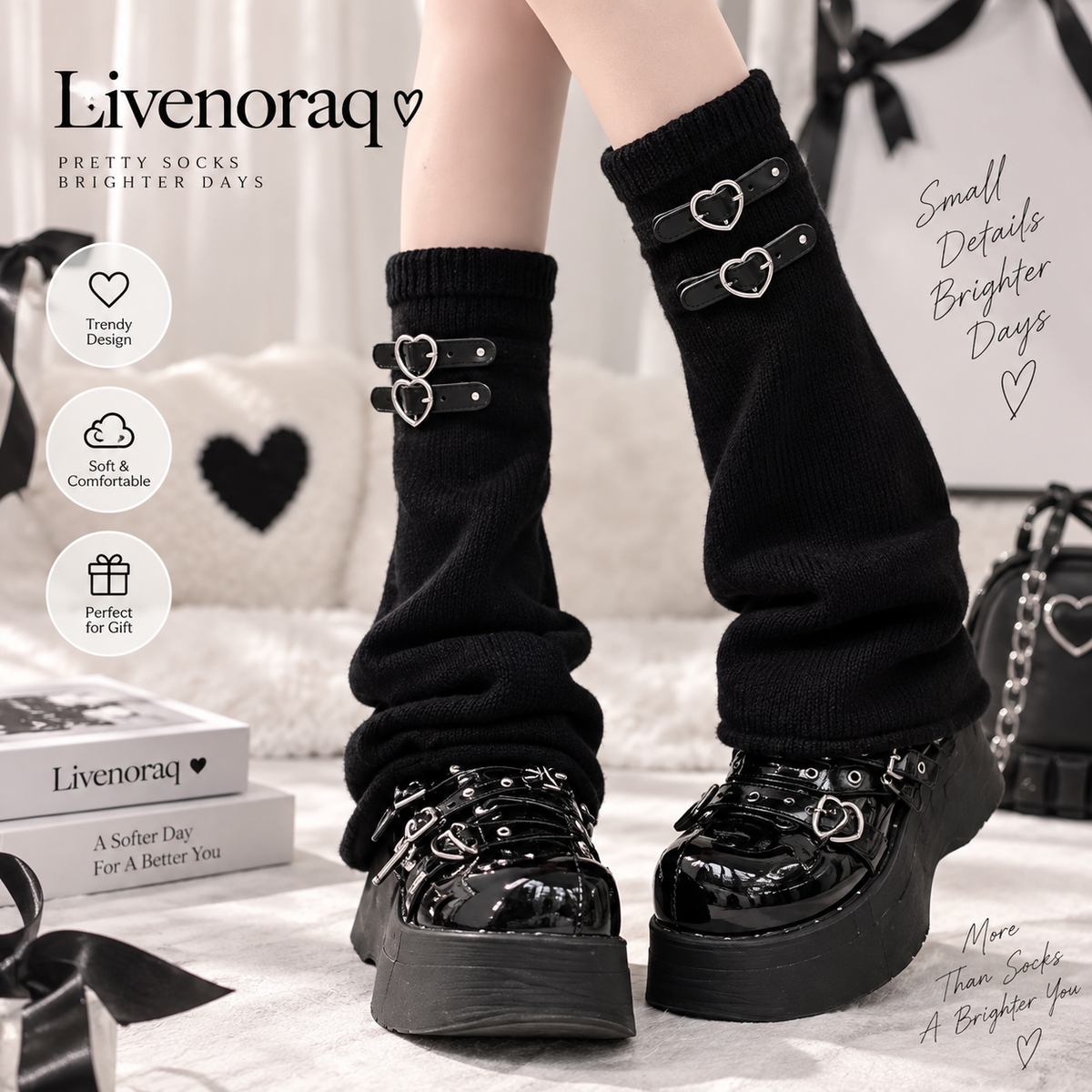 Livenoraq® Black Heart Buckle Knee-High Socks for Women